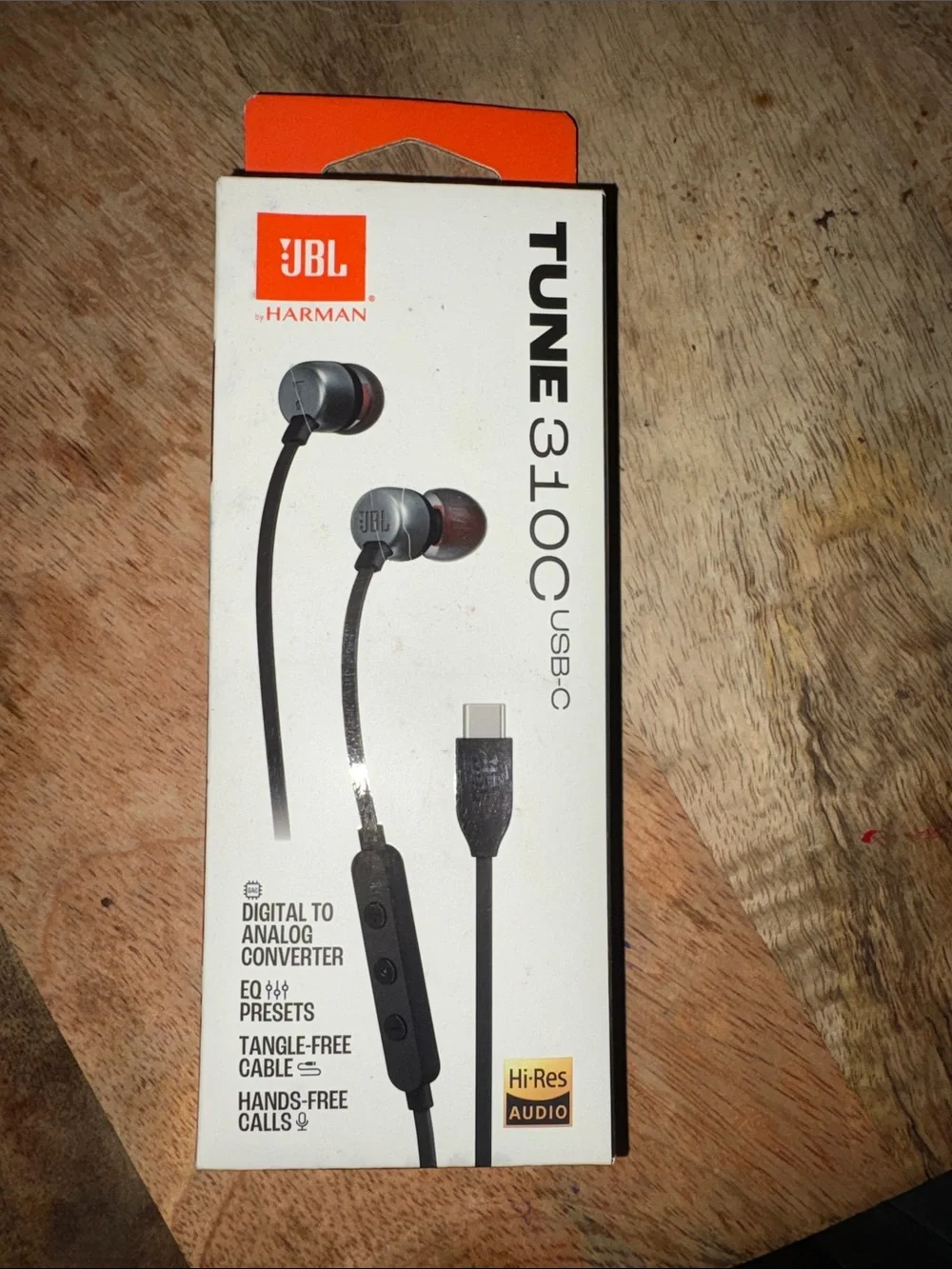 JBL Tune 310C USB-C In-Ear Headphones – Black with Orange Accent Box